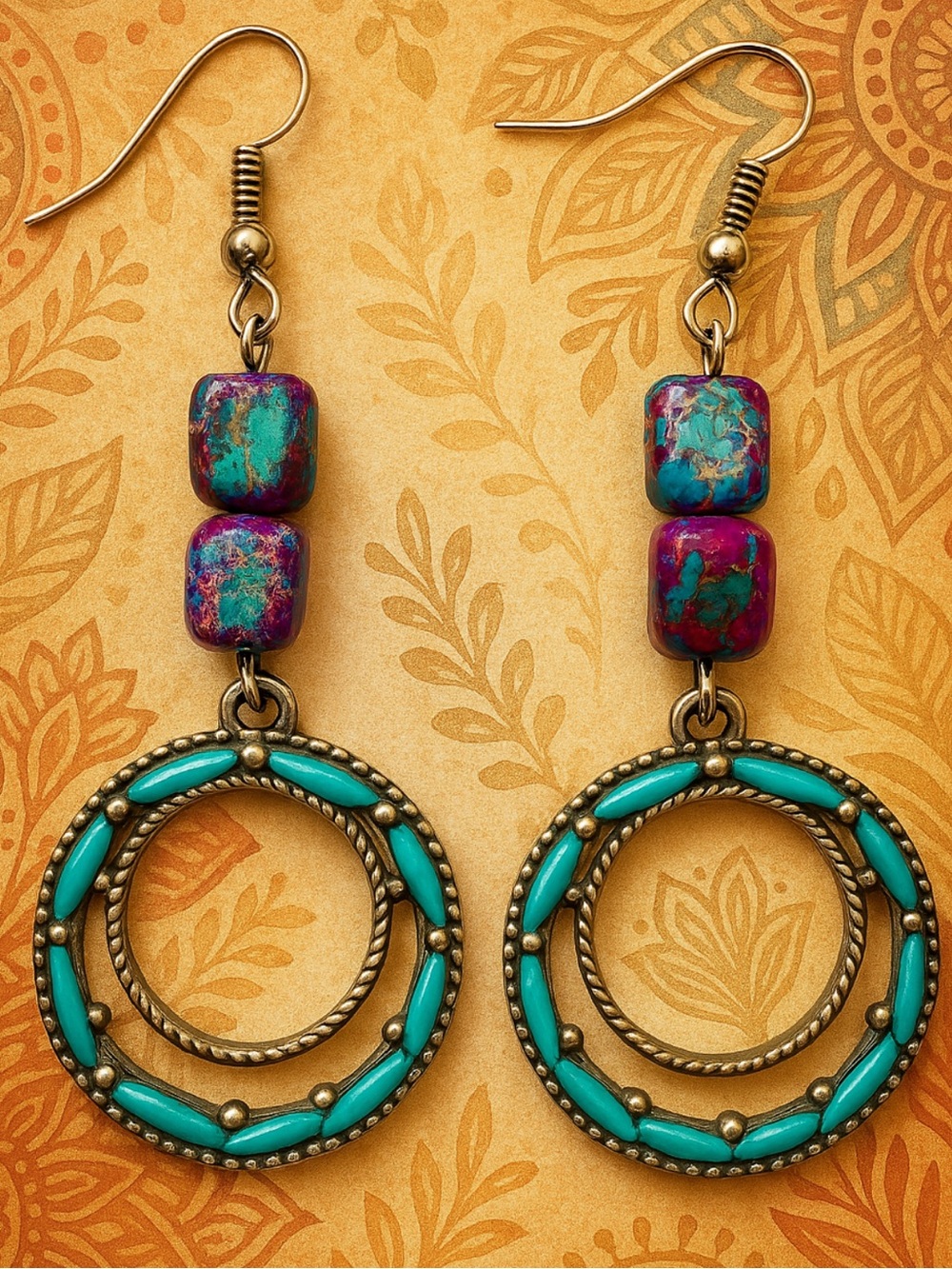 Turquoise Hoop Drop Earrings | Vintage Repurposed Beaded Boho Southwestern